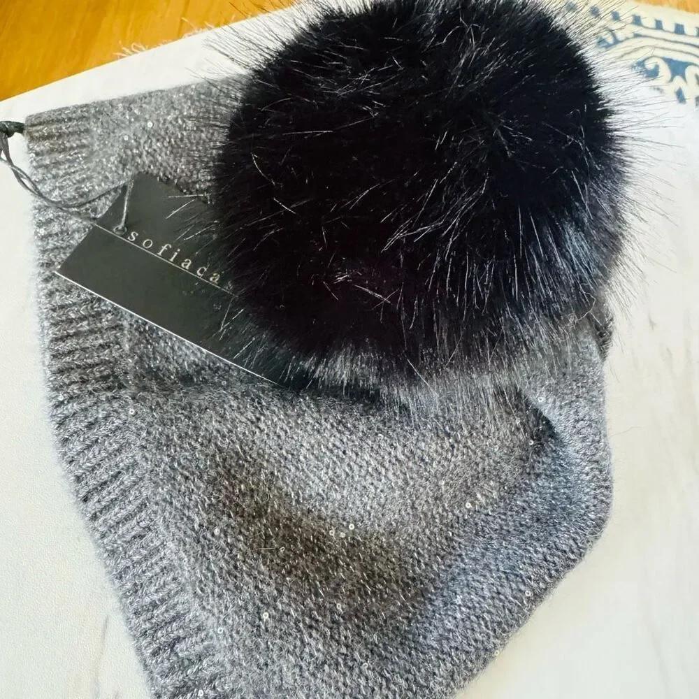 Sofia Cashmere Sequin 100%‎ Cashmere Beanie with Faux Fur Pompom Gray/Black, NWT